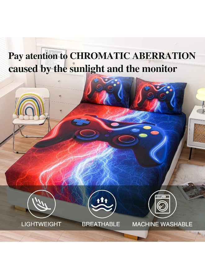 Meeting Story Gamer Gaming Fitted Sheet Set-3pcs Fitted Deep Pocket Sheet Mattress, Tie Dye Lightnings Gamepad Printed Bedding Set Colorful Modern Room Decor(Red-Blue,Full)  - Image 2