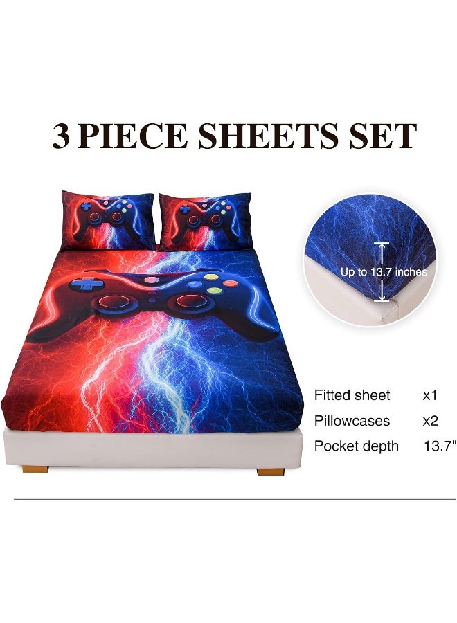 Meeting Story Gamer Gaming Fitted Sheet Set-3pcs Fitted Deep Pocket Sheet Mattress, Tie Dye Lightnings Gamepad Printed Bedding Set Colorful Modern Room Decor(Red-Blue,Full)  - Image 3