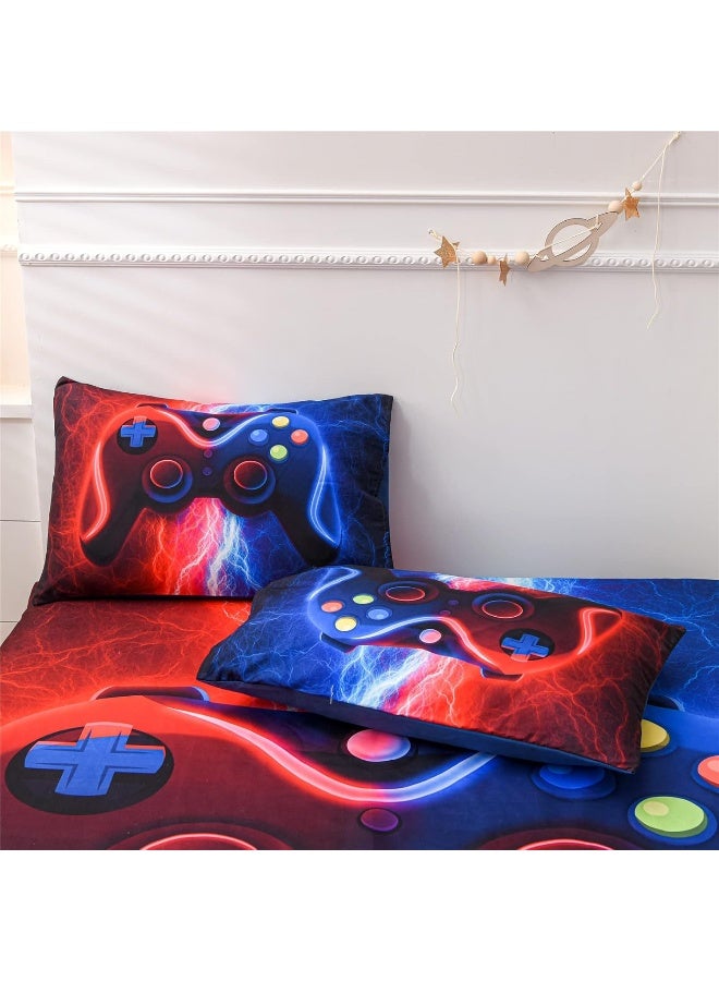 Meeting Story Gamer Gaming Fitted Sheet Set-3pcs Fitted Deep Pocket Sheet Mattress, Tie Dye Lightnings Gamepad Printed Bedding Set Colorful Modern Room Decor(Red-Blue,Full)  - Image 5