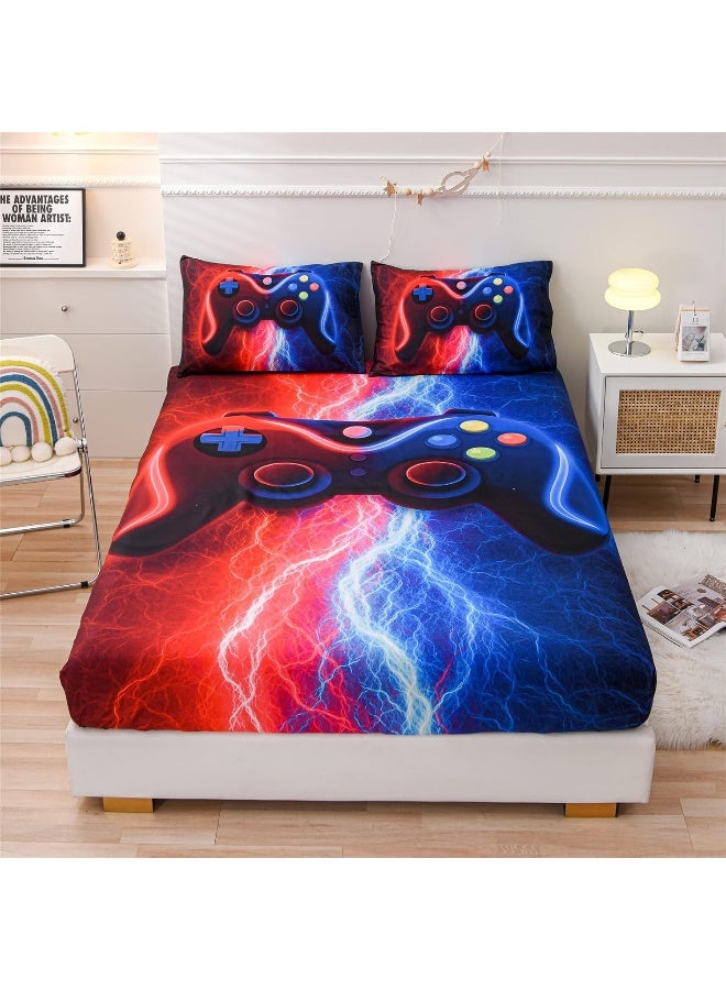 Meeting Story Gamer Gaming Fitted Sheet Set-3pcs Fitted Deep Pocket Sheet Mattress, Tie Dye Lightnings Gamepad Printed Bedding Set Colorful Modern Room Decor(Red-Blue,Full)  - Image 1