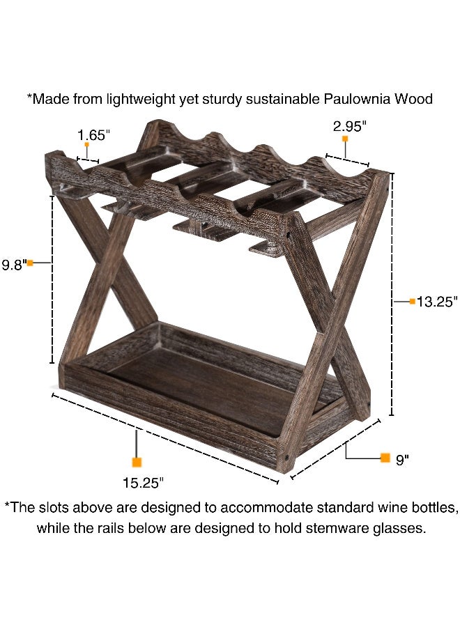 Tabletop Solid Wood Wine Rack with Glass Holder & Cork Storage, Walnut, 4 Bottles & 6 Glasses - Image 1