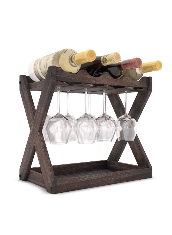 Tabletop Solid Wood Wine Rack with Glass Holder & Cork Storage, Walnut, 4 Bottles & 6 Glasses - Image 5