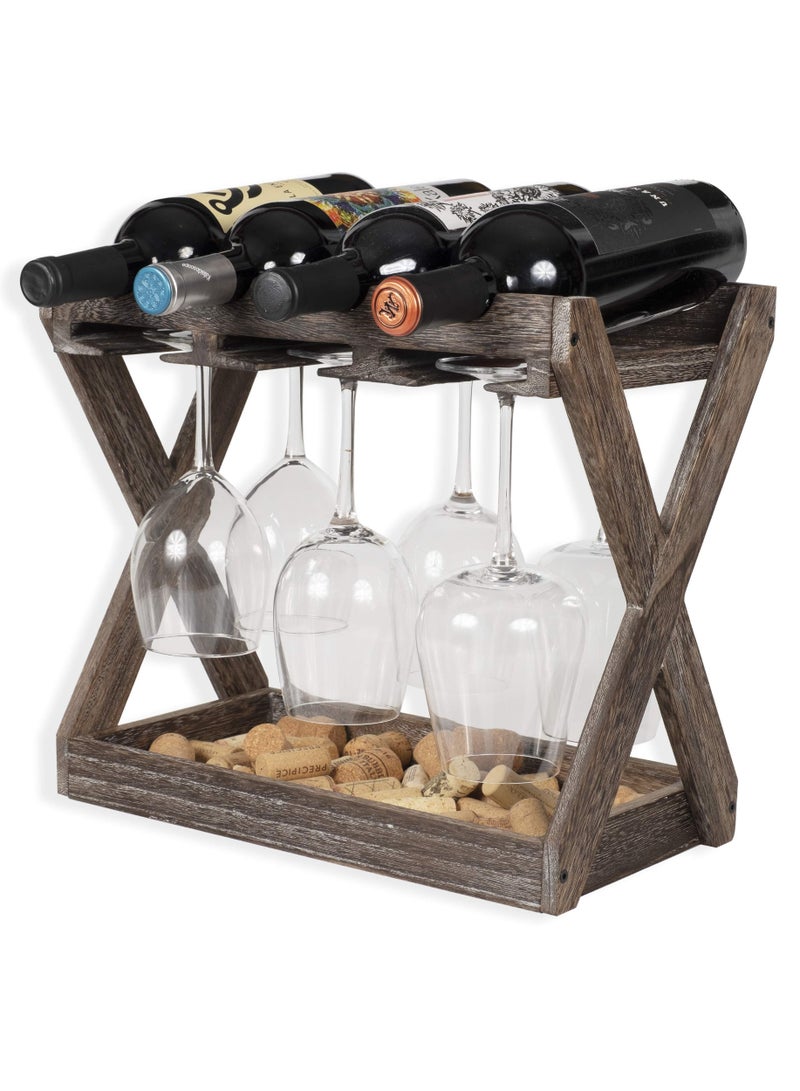 Tabletop Solid Wood Wine Rack with Glass Holder & Cork Storage, Walnut, 4 Bottles & 6 Glasses - Image 2