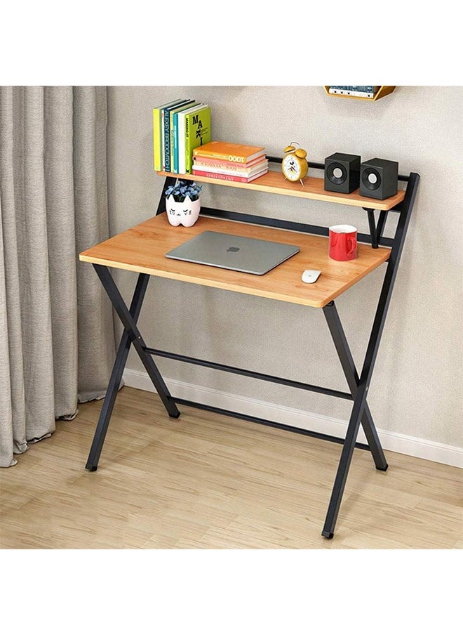 Hihonor - Installation-Free Folding Desk,Office Computer Desk,Thickened Steel Tube Material,Oak Desktop,With Bookshelf,Suitable for Small Space(Khaki Color 80cm) - Image 1