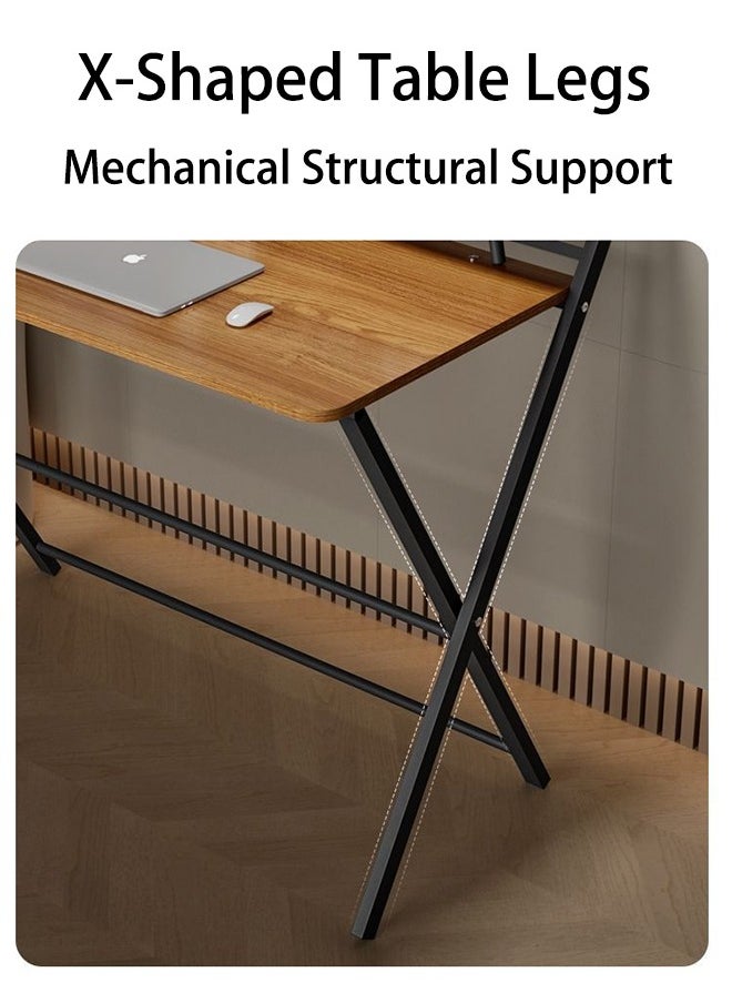 Hihonor - Installation-Free Folding Desk,Office Computer Desk,Thickened Steel Tube Material,Oak Desktop,With Bookshelf,Suitable for Small Space(Khaki Color 80cm) - Image 1