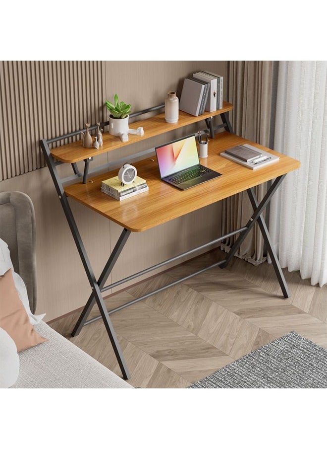 Hihonor - Installation-Free Folding Desk,Office Computer Desk,Thickened Steel Tube Material,Oak Desktop,With Bookshelf,Suitable for Small Space(Khaki Color 80cm) - Image 1