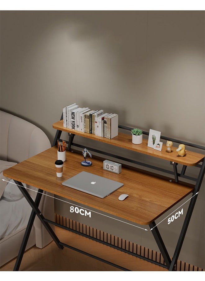 Hihonor - Installation-Free Folding Desk,Office Computer Desk,Thickened Steel Tube Material,Oak Desktop,With Bookshelf,Suitable for Small Space(Khaki Color 80cm) - Image 1