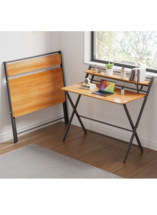 Hihonor - Installation-Free Folding Desk,Office Computer Desk,Thickened Steel Tube Material,Oak Desktop,With Bookshelf,Suitable for Small Space(Khaki Color 80cm) - Image 1