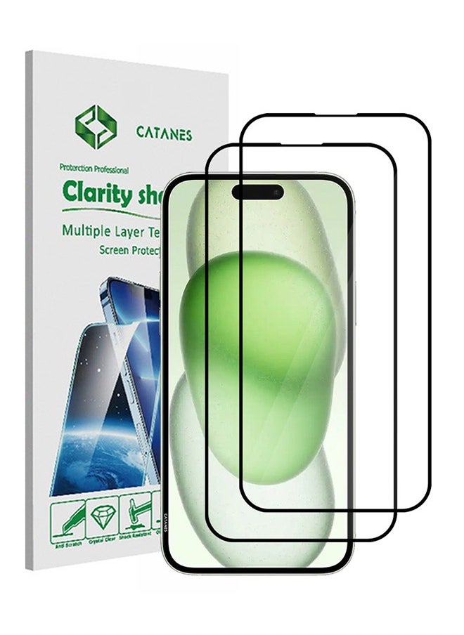 CATANES 2 Pack For iPhone 15 Screen Protector Scratch and Shatter Resistant Anti Bubble HD Clear Glass  - Image 1