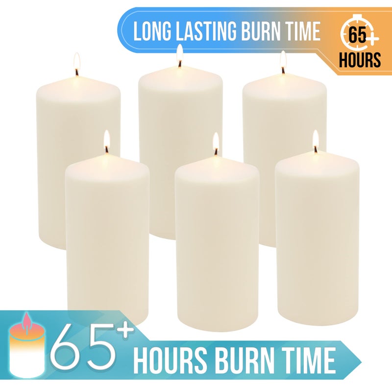 Stonebriar 6 Pack Tall 3 x 6 Inch 65 Hour Long Burning Unscented Ivory Wax Pillar Candles - Image 5