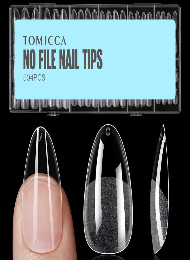 TOMICCA Medium Almond Nail Tips, 504Pcs Soft Acrylic Pre Etched Clear Fake Nails Tips Almond Shape Half Matte, Full Cover Nail Extension for Beginner and Professional 12 Sizes - Image 1