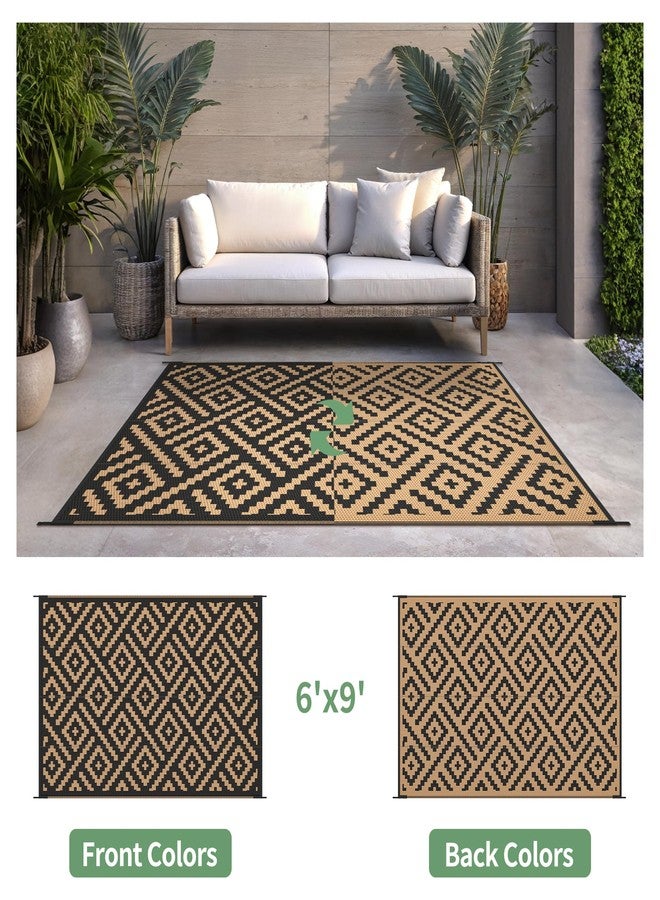 sarben Waterproof Outdoor Rug 6x9 ft, Patio Rug Mat, Reversible Plastic Straw Rug, Indoor/Outdoor Area Rugs Carpet for RV, Camping, Deck, Porch, Picnic, Backyard, Balcony, All Weather, Black & Brown - Image 2
