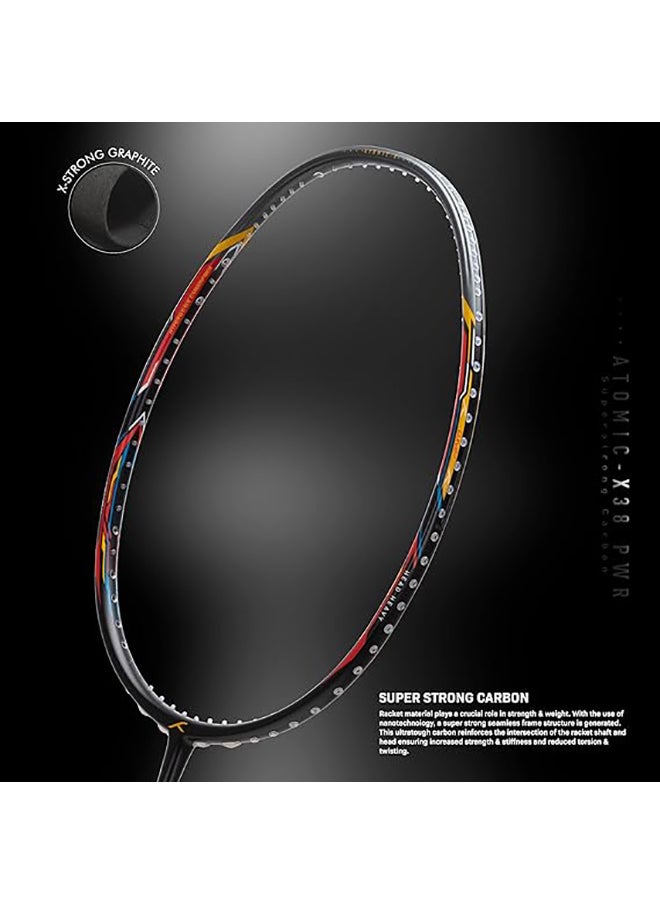 HUNDRED - ATOMIC-X 38 PWR Carbon Fibre Strung Badminton Racket with Full Racket Cover  | For Intermediate Players | 85 grams | Maximum String Tension - 38lbs - Image 1