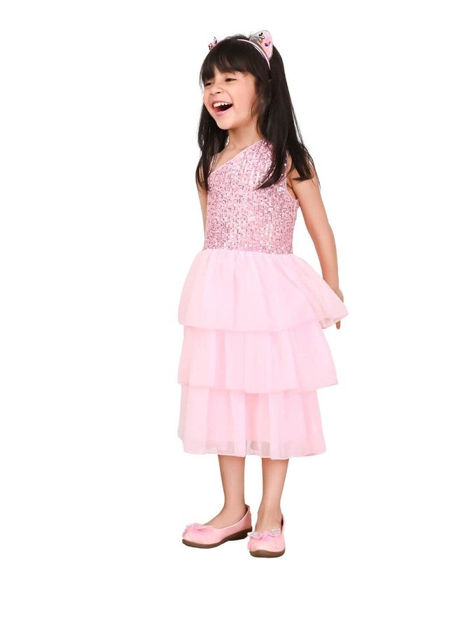 LILPICKS Girls Sequin One Shoulder Layered Fit n Flare Party Dress (Pink) (5-6Y) - Image 1