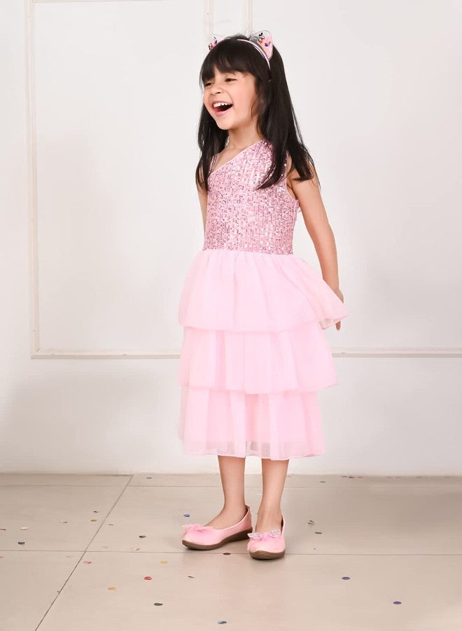LILPICKS Girls Sequin One Shoulder Layered Fit n Flare Party Dress (Pink) (5-6Y) - Image 3