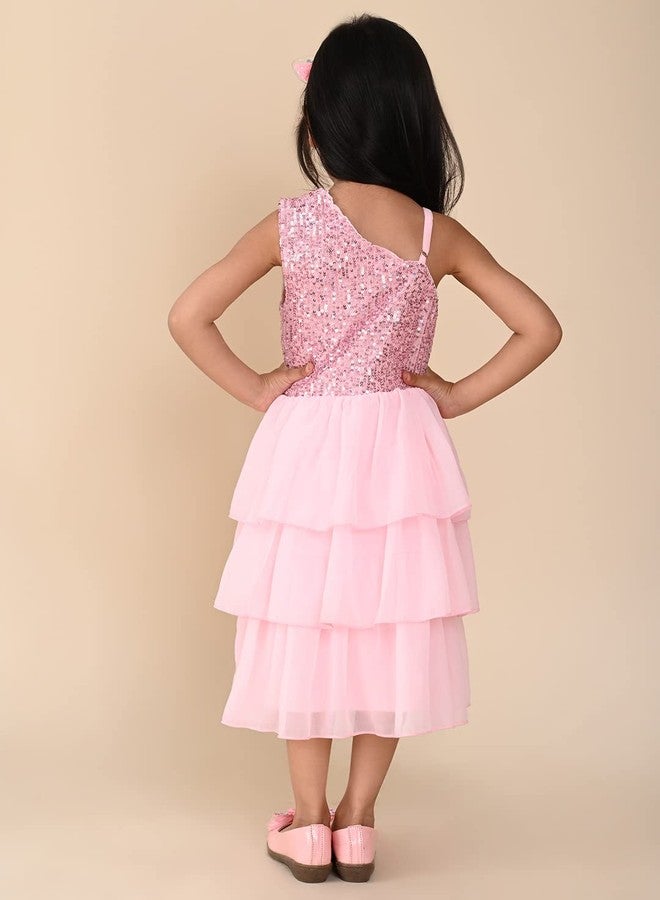LILPICKS Girls Sequin One Shoulder Layered Fit n Flare Party Dress (Pink) (5-6Y) - Image 5