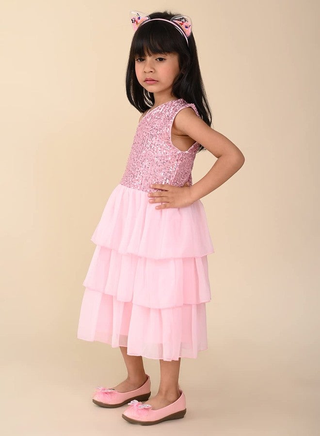 LILPICKS Girls Sequin One Shoulder Layered Fit n Flare Party Dress (Pink) (5-6Y) - Image 4