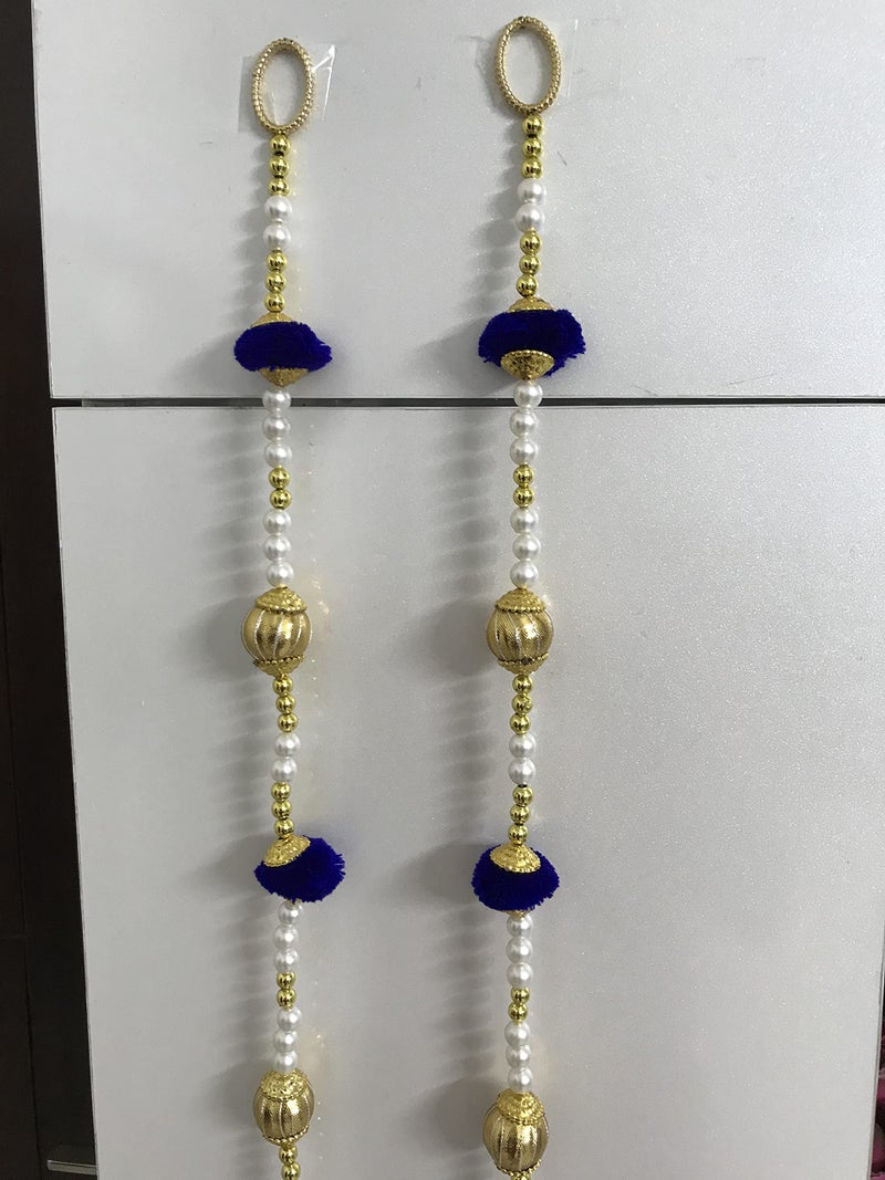 Aahum Sale Handmade Wall Door 6 FT.4 Strings Blue Pom Pom with white Pearl Golden Beads Hanging Torans Garland Bandhwar Decoration Item for Home Décor Diwali Festival,Navratri,Wedding (6 FT 4 Strings) - Image 3
