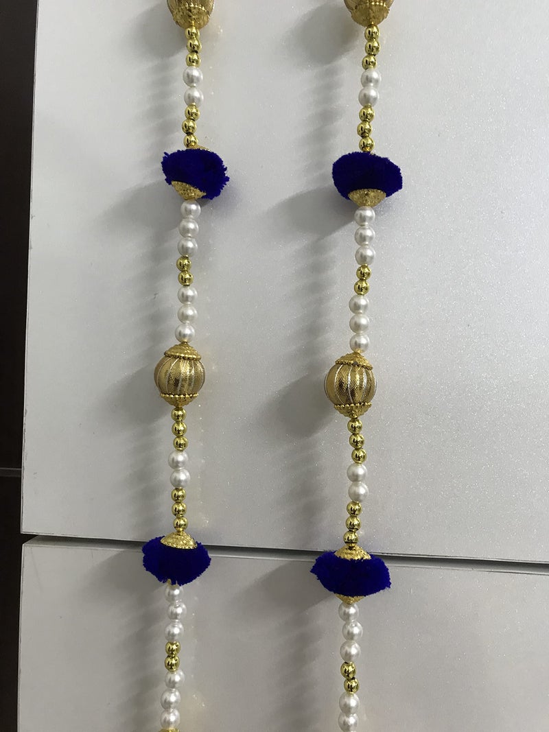 Aahum Sale Handmade Wall Door 6 FT.4 Strings Blue Pom Pom with white Pearl Golden Beads Hanging Torans Garland Bandhwar Decoration Item for Home Décor Diwali Festival,Navratri,Wedding (6 FT 4 Strings) - Image 4