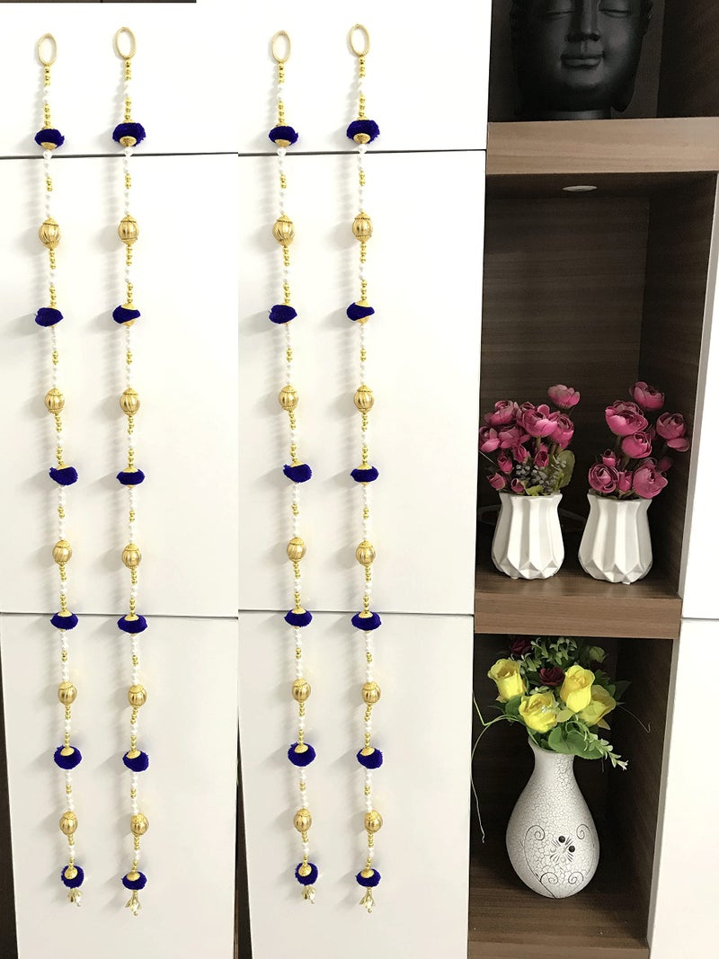 Aahum Sale Handmade Wall Door 6 FT.4 Strings Blue Pom Pom with white Pearl Golden Beads Hanging Torans Garland Bandhwar Decoration Item for Home Décor Diwali Festival,Navratri,Wedding (6 FT 4 Strings) - Image 1