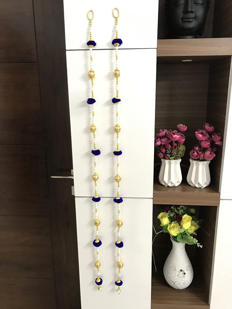 Aahum Sale Handmade Wall Door 6 FT.4 Strings Blue Pom Pom with white Pearl Golden Beads Hanging Torans Garland Bandhwar Decoration Item for Home Décor Diwali Festival,Navratri,Wedding (6 FT 4 Strings) - Image 2