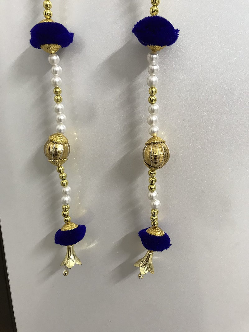 Aahum Sale Handmade Wall Door 6 FT.4 Strings Blue Pom Pom with white Pearl Golden Beads Hanging Torans Garland Bandhwar Decoration Item for Home Décor Diwali Festival,Navratri,Wedding (6 FT 4 Strings) - Image 5