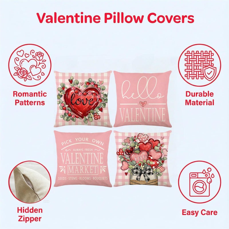 Ni-JASW Valentines Day Throw Pillow Covers 18x18 inch Set of 4, Pink Hearts Valentines Decoration for Couch Sofa Holiday Home Decor - Image 5