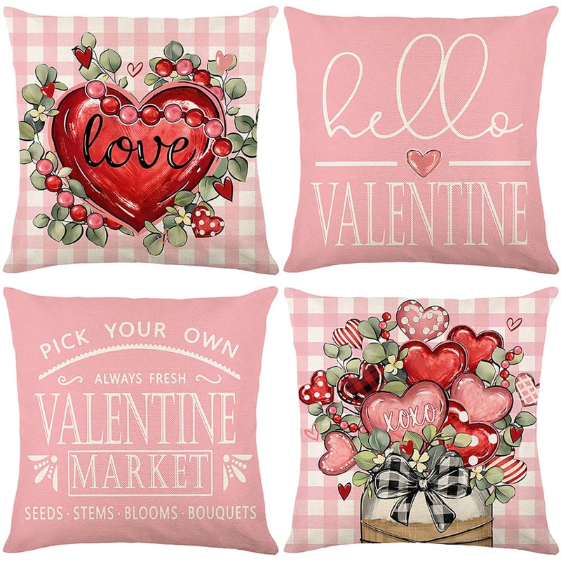 Ni-JASW Valentines Day Throw Pillow Covers 18x18 inch Set of 4, Pink Hearts Valentines Decoration for Couch Sofa Holiday Home Decor - Image 1