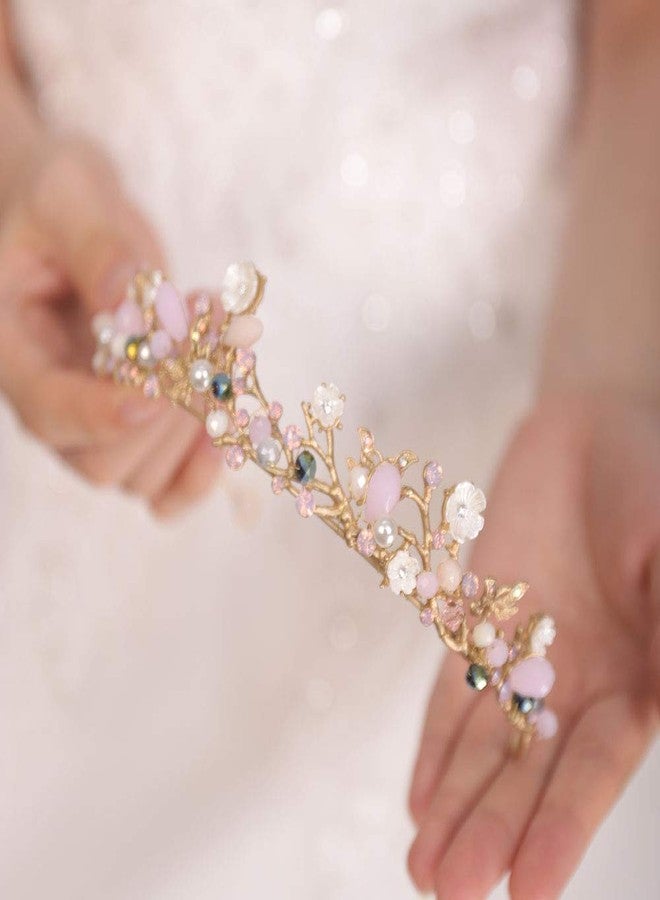 FXmimior Bridal Hair Accessories Gold Pink Flower Bead Wedding Crown Headband Women Crystal Tiara Headpiece Wedding Hair Accessories - Image 3