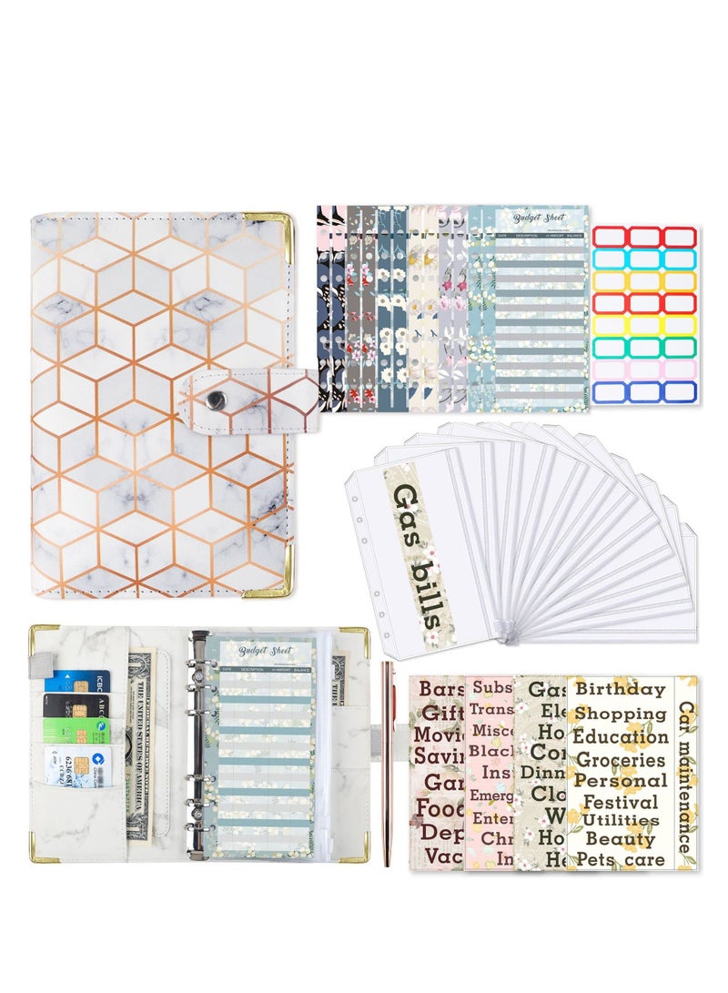 Budget Binder, A6 Marble PU Leather Binder, Money Organizer Cash Envelopes Budget Planner with 12 Zipper Cash Envelopes, 12 Expense Budget Sheets for Budgeting, Saving Money - Image 1