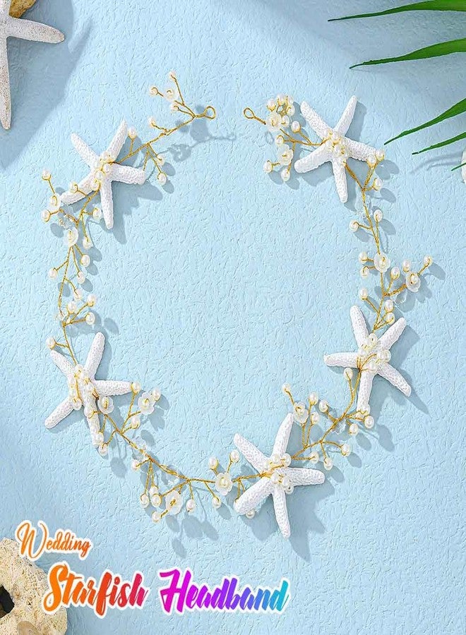Unicra Starfish Bride Wedding Hair Vine Pearl Bridal Headband Headpiece Beach Wedding Hair Accessories for Women and Girls (Gold) - Image 2