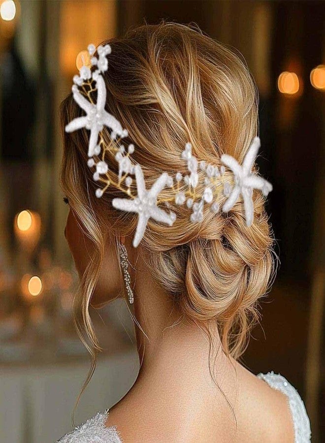 Unicra Starfish Bride Wedding Hair Vine Pearl Bridal Headband Headpiece Beach Wedding Hair Accessories for Women and Girls (Gold) - Image 3