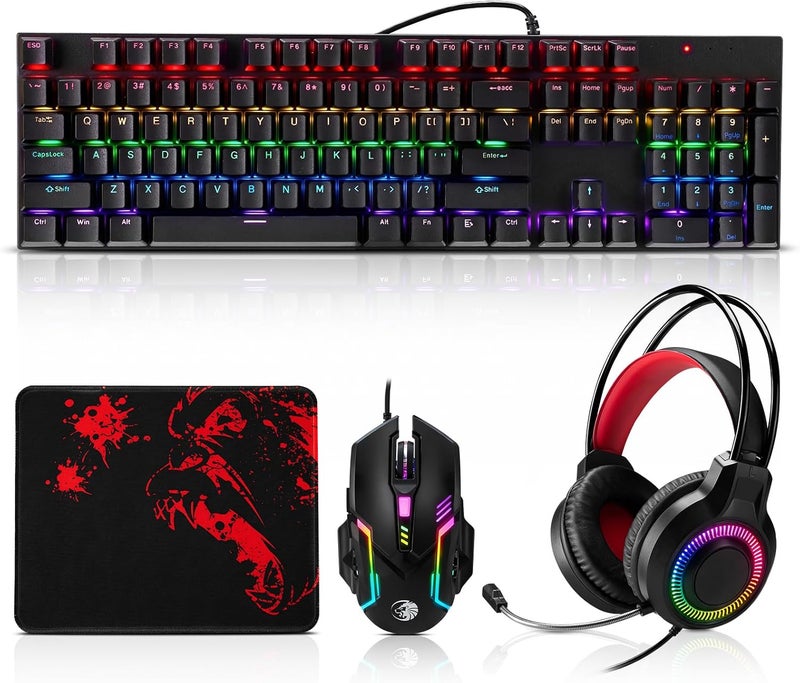 Guiheng Gaming Mechanical Keyboard and Mouse and Mouse pad and Gaming Headset, Wired LED RGB Backlight Bundle for PC Gamers and Xbox and PS4 Users - 4 in 1 Edition - Image 1