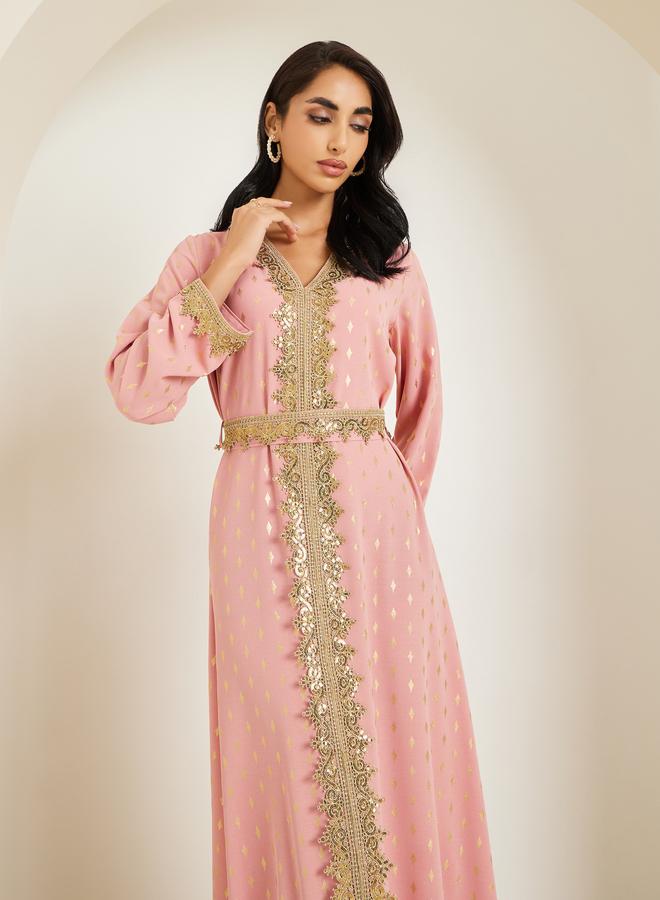 Amirah Women Pink Embroidered A-Line Kaftan - Image 3