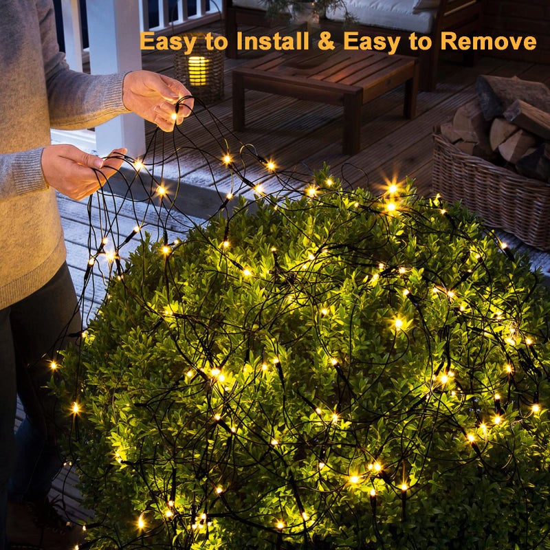 echosari Solar Powered Net Lights 200 LED 9.8Ft x 6.6Ft Bush Light Dark Green Wire Auto On/Off 8 Modes Outdoor Mesh Lights for Bushes Shrubs Lawn Decor(Warm White) - Image 2