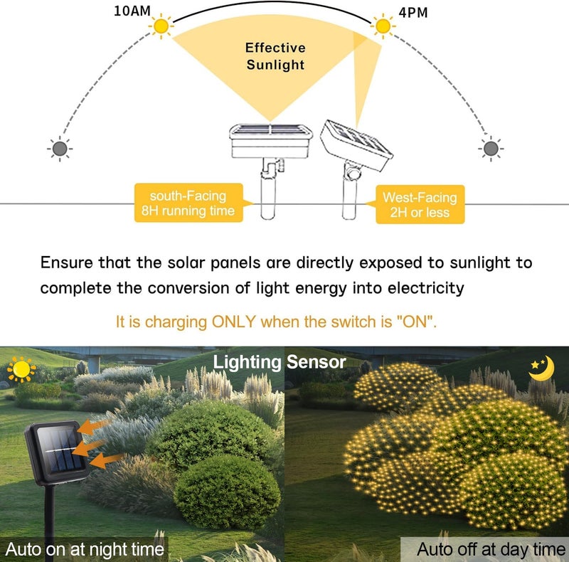 echosari Solar Powered Net Lights 200 LED 9.8Ft x 6.6Ft Bush Light Dark Green Wire Auto On/Off 8 Modes Outdoor Mesh Lights for Bushes Shrubs Lawn Decor(Warm White) - Image 3