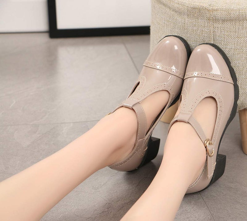 DADAWEN Women's Classic T-Strap Platform Mid-Heel Square Toe Oxfords Dress Shoes Apricot US Size 6.5 - Image 3