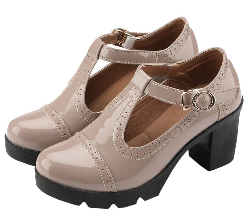 DADAWEN Women's Classic T-Strap Platform Mid-Heel Square Toe Oxfords Dress Shoes Apricot US Size 6.5 - Image 1