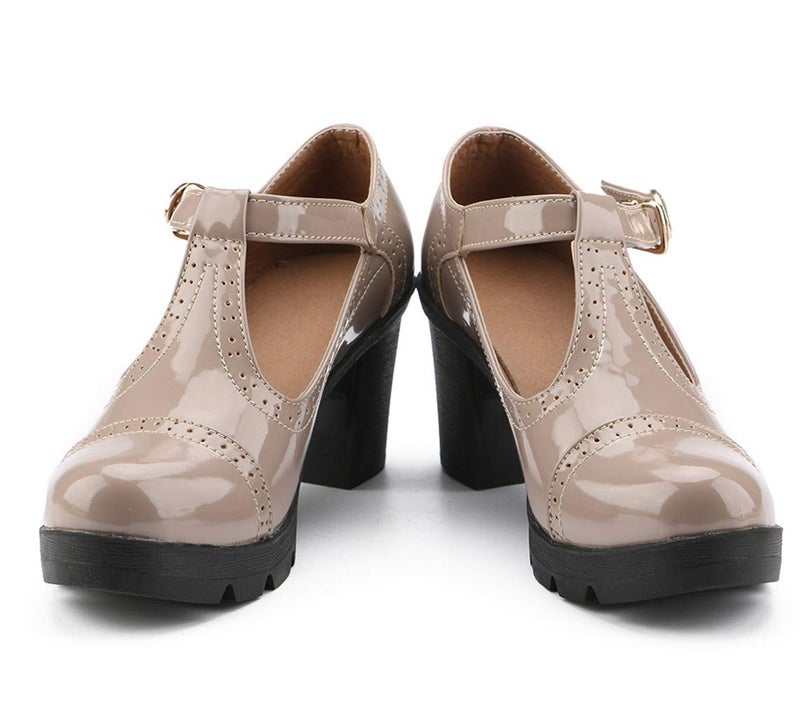 DADAWEN Women's Classic T-Strap Platform Mid-Heel Square Toe Oxfords Dress Shoes Apricot US Size 6.5 - Image 4