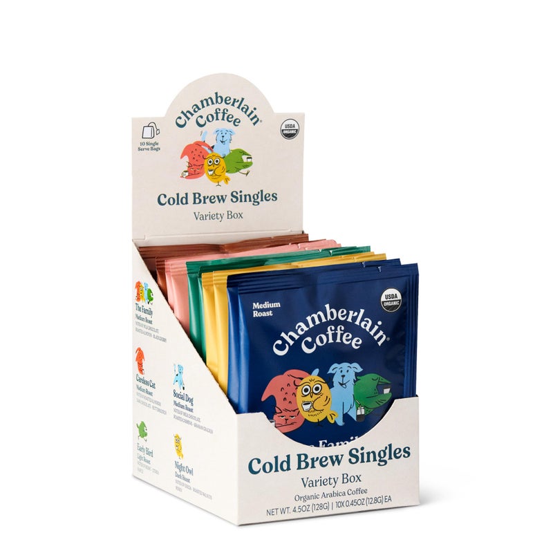 Chamberlain Coffee Variety Box Single Serve Bags - Includes 5 Blends, Original Family, Early Bird, Night Owl, Careless Cat and Social Dog Blends - 10 Single Serve Cold Brew Sachets - Image 1