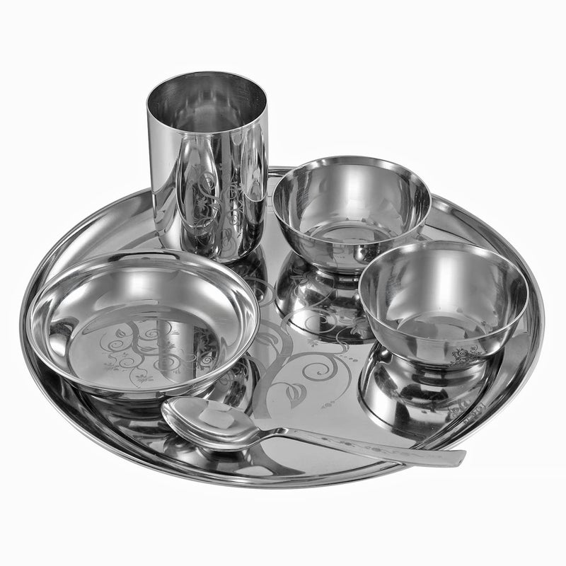 Kraft- follow your imagination Kraft Radiant Traditional Stainless Steel Dinner Set of 1 Thali 6 Pcs Premium Elegant Design Mirror Finish Food Grade Toxin Free 2 Year Warranty Silver - Image 1