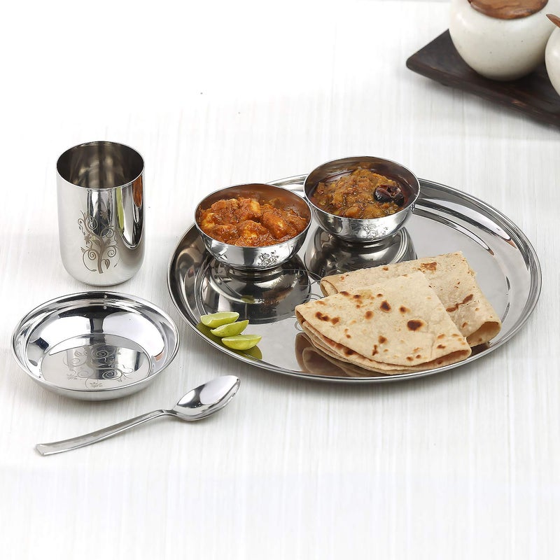 Kraft- follow your imagination Kraft Radiant Traditional Stainless Steel Dinner Set of 1 Thali 6 Pcs Premium Elegant Design Mirror Finish Food Grade Toxin Free 2 Year Warranty Silver - Image 2