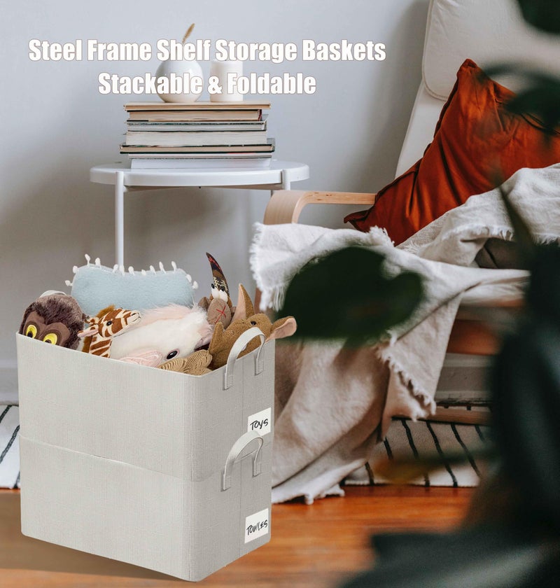 AARAINBOW 4 Pcs Closet Clothes Organizer with Handle, Fabric Storage Box with Steel Frame Stackable Shelf Storage Bins Foldable Fabric Storage Baskets for Organizing Sweater Pants, 23L (B 4 White) - Image 2