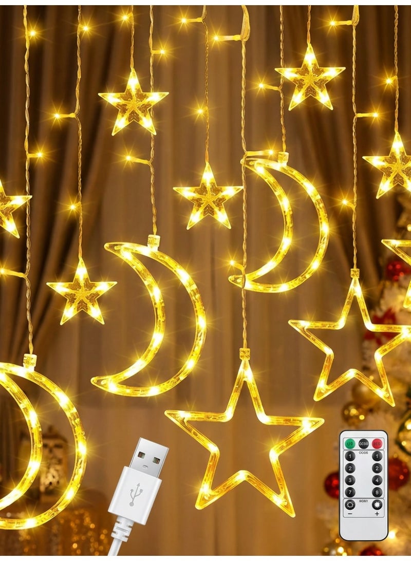 CUBEXELL 3.5M Star Moon LED Curtain Lights, Warm White USB Remote Controlled Fairy String Lights, 8 Adjustable Lighting Modes, Eid Ramadan Wedding Window Decorative Lights for Bedroom Balcony Indoor Holiday Home Decor - Image 1