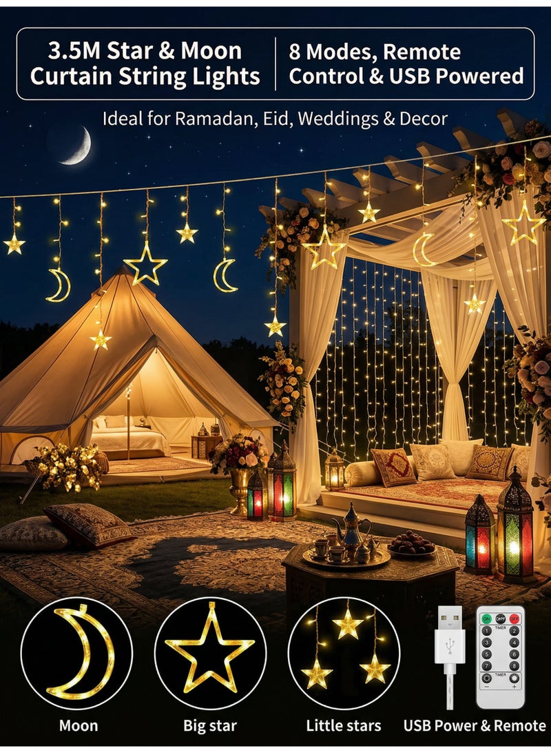 CUBEXELL 3.5M Star Moon LED Curtain Lights, Warm White USB Remote Controlled Fairy String Lights, 8 Adjustable Lighting Modes, Eid Ramadan Wedding Window Decorative Lights for Bedroom Balcony Indoor Holiday Home Decor - Image 2