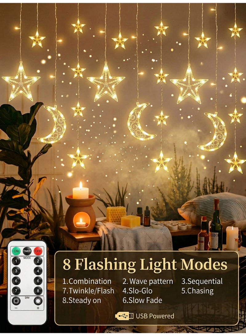 CUBEXELL 3.5M Star Moon LED Curtain Lights, Warm White USB Remote Controlled Fairy String Lights, 8 Adjustable Lighting Modes, Eid Ramadan Wedding Window Decorative Lights for Bedroom Balcony Indoor Holiday Home Decor - Image 3