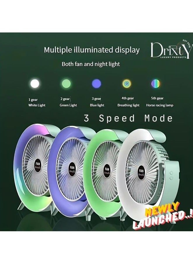 Drixty 30W Mini Rechargeable Fan with LED Light and Less Vibration USB Charging for 180 Degree Rotation, 3 Speeds and Multi-Color RGB Lighting  - Image 2