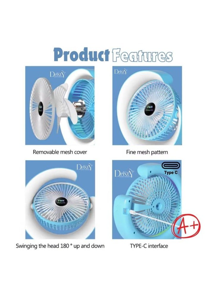 Drixty 30W Mini Rechargeable Fan with LED Light and Less Vibration USB Charging for 180 Degree Rotation, 3 Speeds and Multi-Color RGB Lighting  - Image 3