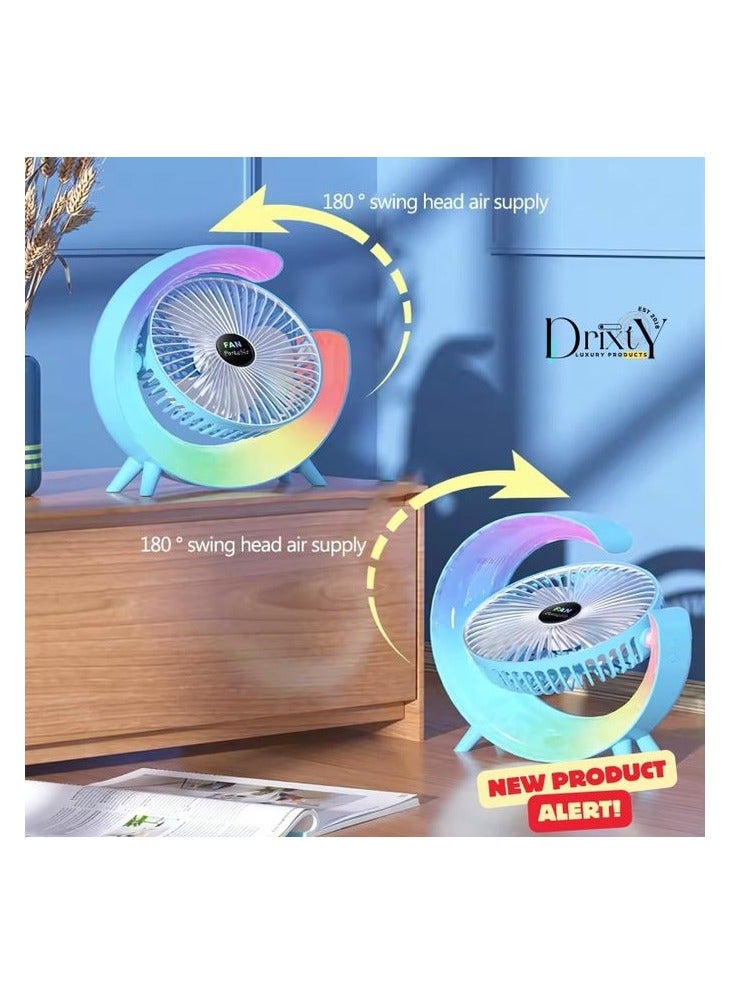 Drixty 30W Mini Rechargeable Fan with LED Light and Less Vibration USB Charging for 180 Degree Rotation, 3 Speeds and Multi-Color RGB Lighting  - Image 5