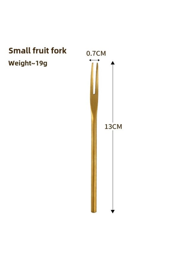 Creative Japanese 304 Stainless Steel Sanding Solid Fruit Fork Long Handle Round Handle Moon Cake Dessert Cake 2 Teeth Fruit Sticks-Colour:Gold Short Handle Fruit Fork 13cm - Image 1